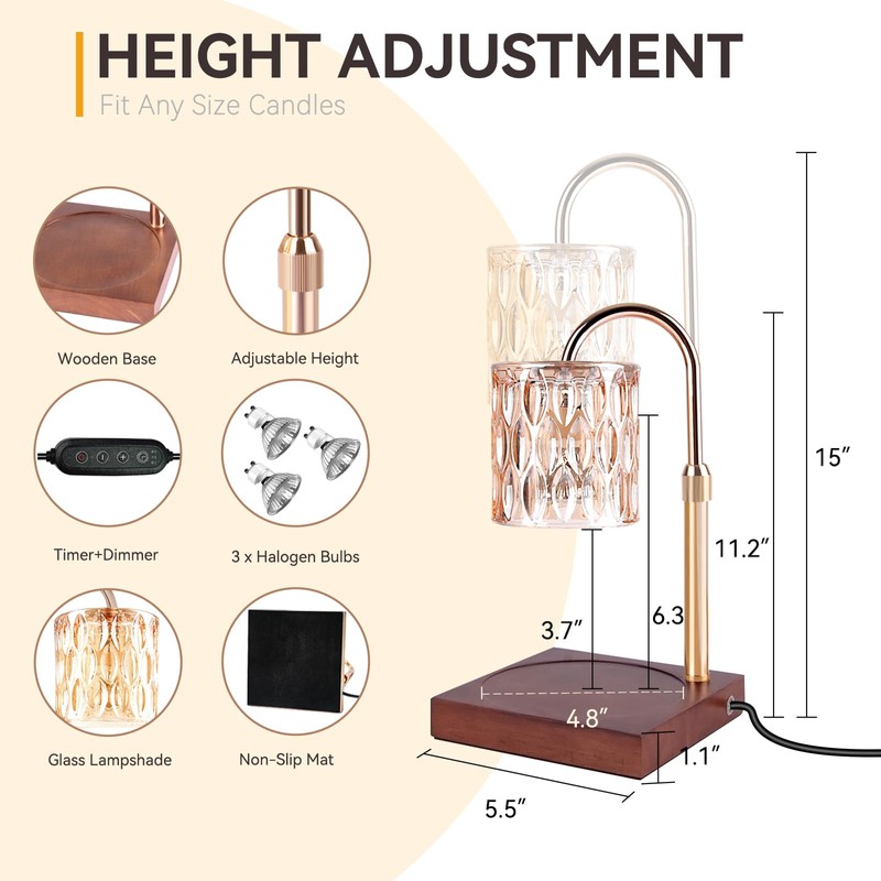 TOACSUCP Candle Warmer Lamp with 3 Bulbs, Adjustable Height Dimmable