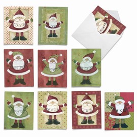 M6659XSB Santa Banners: 10 Assorted Blank Christmas Note Cards Featuring Sweet Santas Holding Banners of Inspirational Holiday Words, w/White Envelopes.