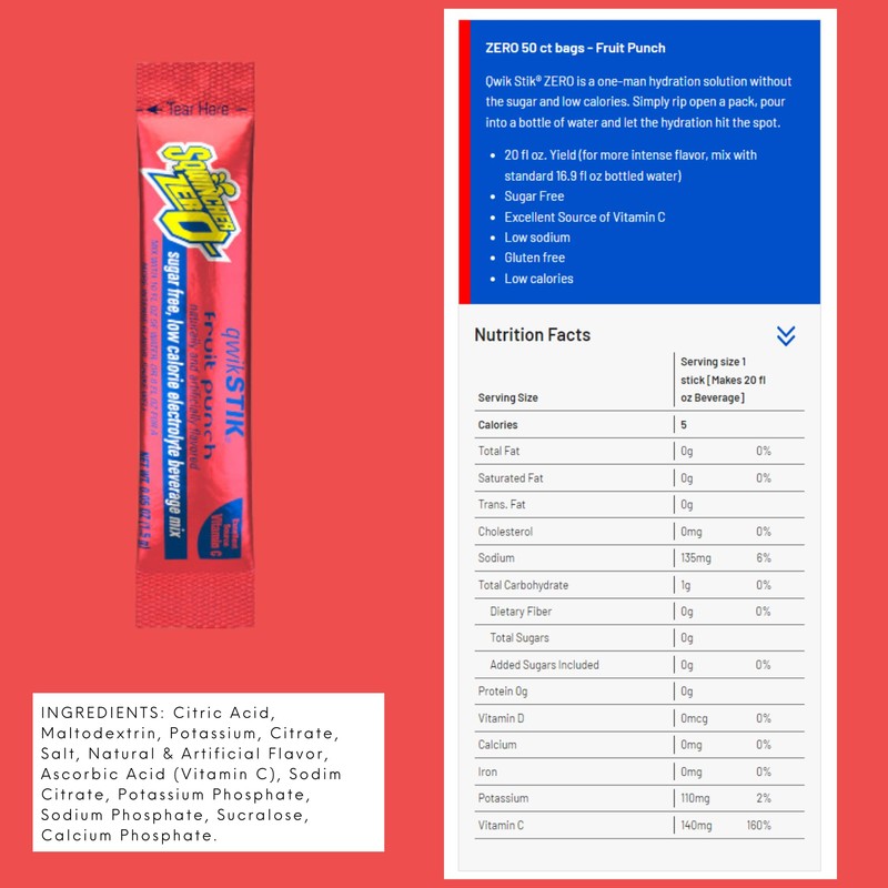 Sqwincher Qwik Stick .11 Ounce Powder Concentrate Sticks Fruit Punch