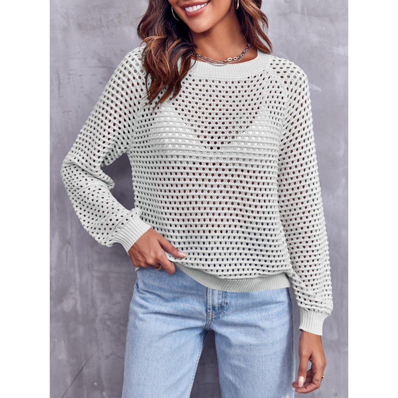 Saodimallsu Women's Crew Neck Mesh Long Sleeve Tops Plain Elegant