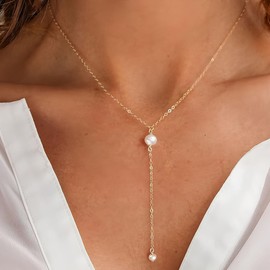 Dainty Pearl Drop Necklaces for Women Elegance Long Y Chain Necklaces Single Pearl Necklace Simple Small Pearls Pendant Necklace for women Gold Jewelry, adjustable, Brass, No Gemstone