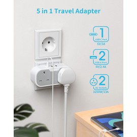 UK to European Plug Adapter, VINTAR 2 Way Grounded Schuko Europe Travel Adapter with 2 USB A 1 USB C Ports, Double Plug Adaptor UK to EU for Germany France Spain Russia and More (Type E/F),2 Packs