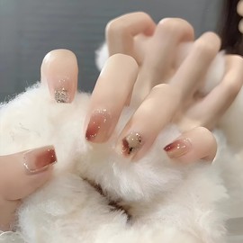 Nail Tip, Short, 24 Pieces, False Nails, Brown Color, Gradient, Skin Color, Gold Foil Nail Tip, Popular, Japanese Style, Cute, Simple, Fashionable Party, Autumn, Spring, Summer, Daily Life, Bridal