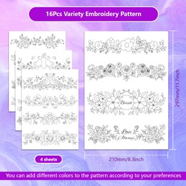 ORIGACH 4 Sheets 16 Pcs Water Soluble Pillowcase Embroidery Patterns Stabilizers - Pre-Printed Floral Vines & Animals Designs - Stick & Stitch Embroidery Paper for Hand Sewing Lovers