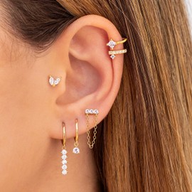 Double Piercing Chain Earrings for Women - Double Hole Earrings Set with Gold Layered Chain Design, Secure Locking Backs for Cartilage/Helix Piercings