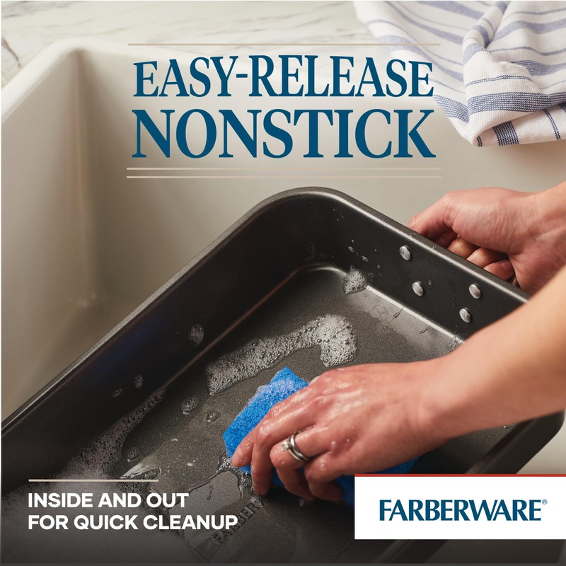 Farberware Bakeware Nonstick Steel Roaster with Flat Rack, 11-Inch x