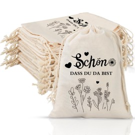Pack of 12 Fabric Bags with Drawstring, Cotton Bags 15 x 20 cm, Small Fabric Bags, Gift Bags, Wedding Party, Birthday Party, School Enrolment, Christmas Day (Schön Dass Du Da Bist)