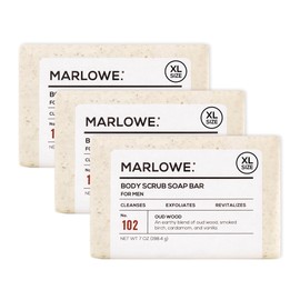 MARLOWE. No. 102 Body Scrub Soap 7 oz (3 Bars), Oud Wood, Exfoliating Soap Bar with Shea Butter, Olive Oil & Green Tea Extracts, Cleanses, Smooths & Revitalizes Skin, Earthy & Smoky Scent