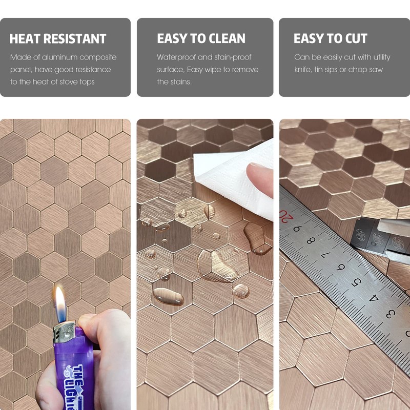 Copper Peel and Stick Backsplash, Self Adhesive Mini Hexagon Backsplash