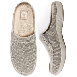 Gecko Man Canvas Orthodontic Slipper for Men with Fuzzy Wool Insole and Velvet Lining, Slip on Clog House Slipper with Indoor Outdoor Anti-Skid Rubber Sole, Beige, size 8 US