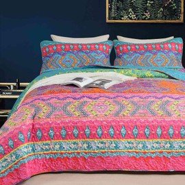 Nanko Quilt Set Queen Full Size 3 Pcs, Boho Red & Green Colorful Vintage Striped Bedspreads, Soft Lightweight Coverlet Bed Spreads, Bohemian Thin Quilted Comforter Bedding Sets for Women Men, 90x90