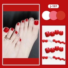 Red Press On Toenails Short Square Fake Toes with Design Silver Glitter Glue on Toe Nails Shiny Bling Summer False Toenails Reusable for Women Girls Foot Manicure 24pcs