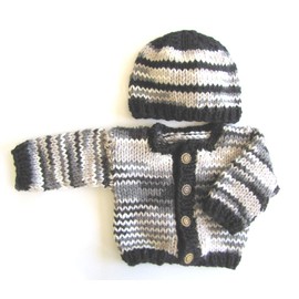 KSS Handmade Black/White Unisex Baby Sweater/Cardigan with a Hat (6 Months) SW-694