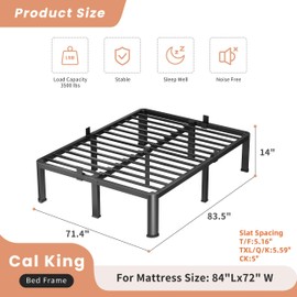 VIPSHOW 14 Inch California King Heavy Duty 3500 lbs Bed Frame with Round-Corner Legs & Anti-Squeak Design – Quick Assembly Metal Platform, No Box Spring Needed