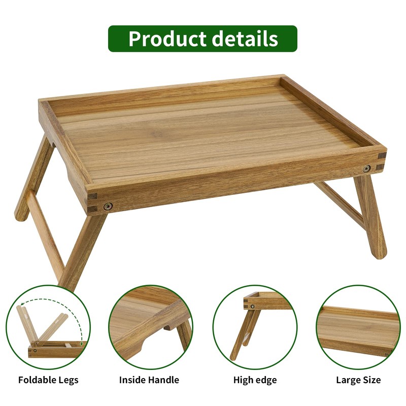 VaeFae Acacia Bed Table Tray, Wooden Breakfast Tray with Folding