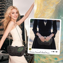Peacock Clutch Purse Evening Handbags for Womens Vintage Crossbody Shoulder Bags Sequin Feather and Detachable Chains (Black)