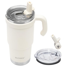 SILICANICE 24oz Insulated Travel Tumbler with Handle & Foldable Straw,3-Second Clean&Leak Proof, One-Click Foldable Design,Stainless Steel Insulated Travel Water Bottle for Hiking,Gym&Travel(cream)