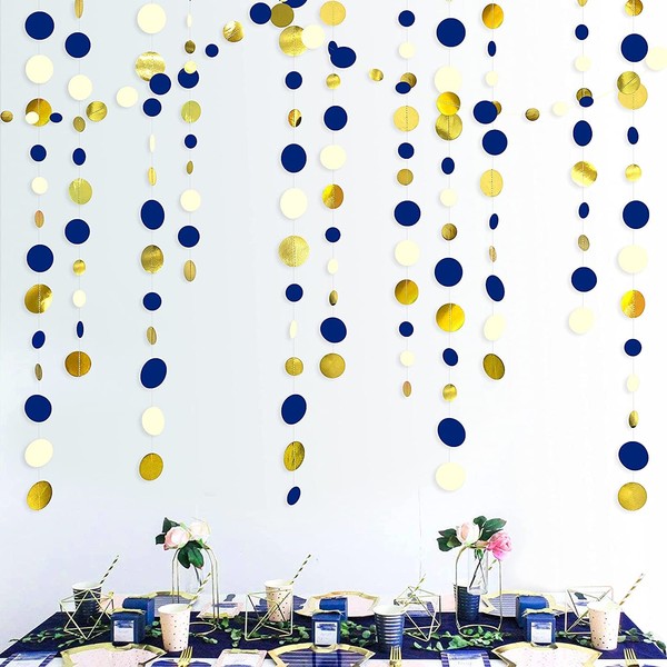 16 Metre Navy Blue, Gold Circle Polka Dot Streamer, Royal Blue Hanging Paper Decorations for Birthday, Wedding, Bridal/Baby Shower, Graduation, Nautical, Anchors Aweigh, Pirate Theme Party, Supplies