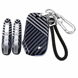 SANRILY Carbon Fiber Pattern 3/4 Button Flip Key Fob Cover Compatible with Kia K5 2023 2024 Forte Seltos Soul Sportage Sorento Cerato Keyless Key Case with Weave Keychain Black-Silver
