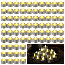 72 Pcs Votive Tealights Candle Glitter Flameless Tea Lights Battery Operated Flickering Light LED Tea Light Candle Decor for Wedding Table Centerpieces Decorations Anniversary(Silver)