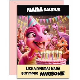 Nanasaurus Birthday Card - Fun Pink Dinosaur Design from little boy or girl. A5 Size with Pink Envelope.