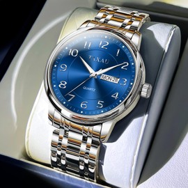 Taxau Silver Waterproof Watches for Men Stainless Steel Dress Men Watches Luxury Business Wristwatches Multifunctional Luminous with Date Gift for Men, silver band blue face-g8405g