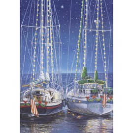 Designer Greetings Two Sailboats Decorated with Lights, Garland, Bows and American Flags Under Starry Sky Nautical Christmas/Holiday Card
