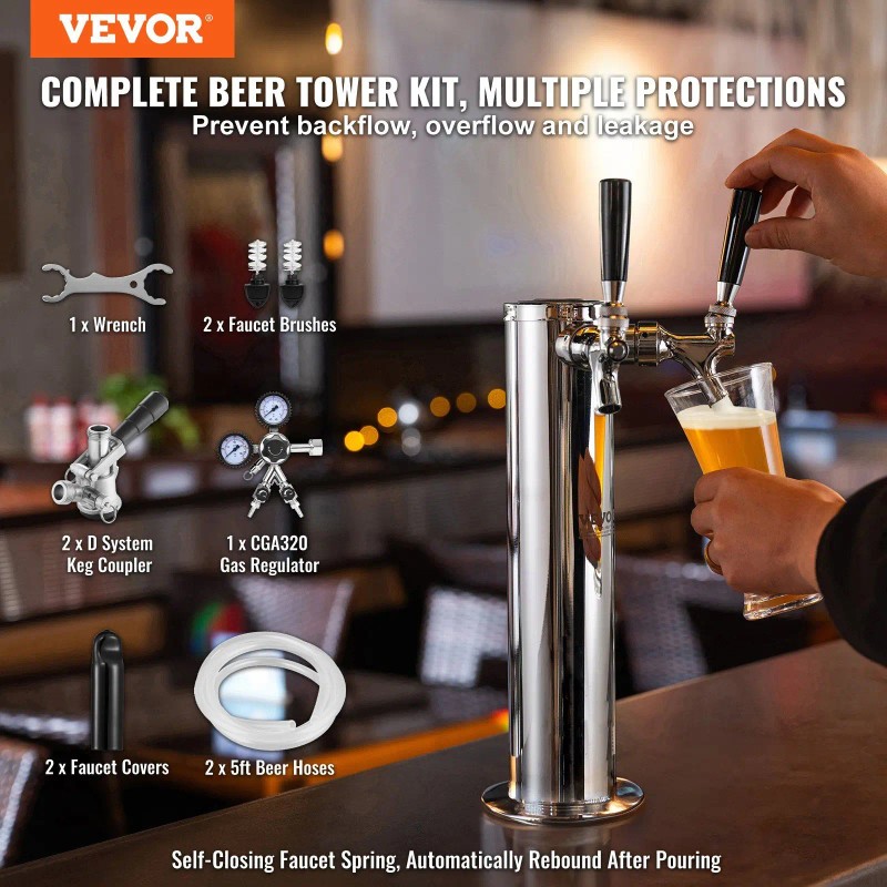 Dual Tap Stainless Steel Keg Beer Tower Dispenser with CGA320