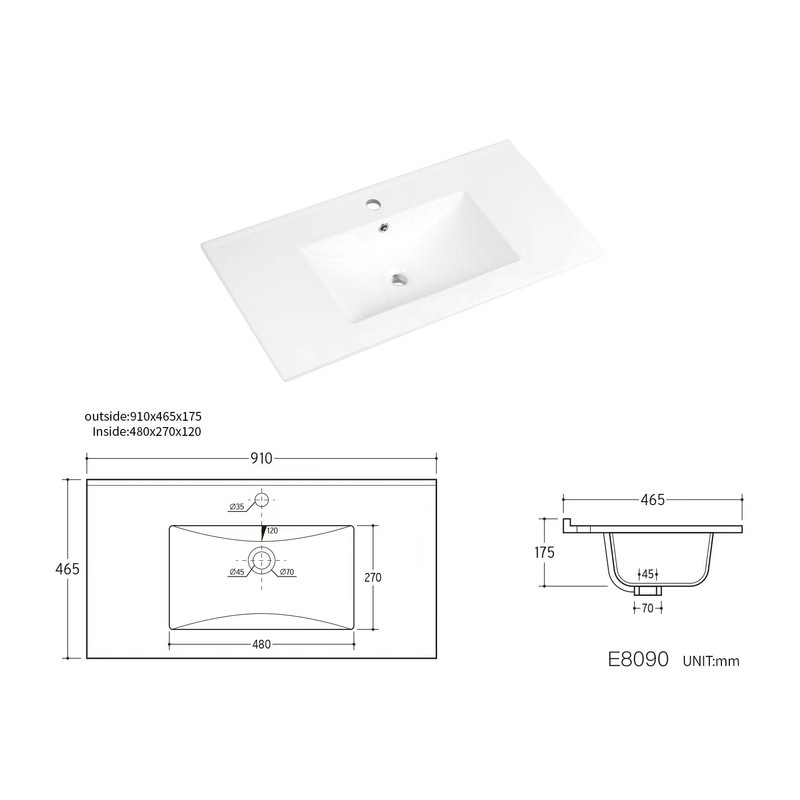Walnest 36" Drop-In Rectangular Ceramic Bathroom Vanity Sink Top with