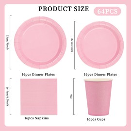 64Pcs Solid Color Party Tableware Set, Light Pink Disposable Tableware Set Include Plates Napkins and Cups Dessert Plates for Kids Party Birthday Wedding Table Decorations