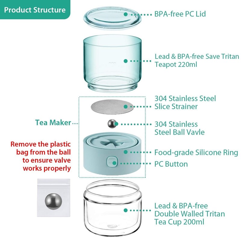ZENS Modern Small Travel Glass Tea Infuser Teapot, 3-in-1 Smart