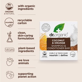 Dr Organic Coconut & Orange Shampoo & Conditioner Bar, Nourishing, Curly & Thick Hair, Plastic, Natural, Vegan, Cruelty Free, Paraben & SLS Free, Organic, 75 g
