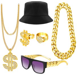 Dreamtop 6Pcs Hip Hop Costume kit 80s 90s Hip Hop Fancy Dress Rapper Fancy Dress Accessories with Bucket Hat Fake Gold Chain Dollar Sign Necklaces Rings Sunglasses for Women Men Hippie
