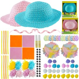 HOVUK 128Pcs Easter Bonnet DIY Kit for Children | Blue/Pink Easter Hats for Cosplay Competition | Easter Hunting Stocking Stuffers for Boys and Girls