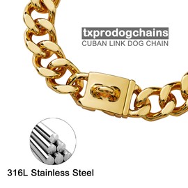 txprodogchains Big Dog Chain Collar with Buckle Strong Heavy Duty 21MM Thick Wide Stainless Steel Metal 18K Gold Cuban Link Chain Collar for Large Dogs