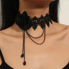 Flower Choker Necklace Jewellery with Crystal for Women Lace Choker Necklaces Rose Choker Necklace for Prom Costume Party Cosplay, Metal, No Gemstone (Black, One size)