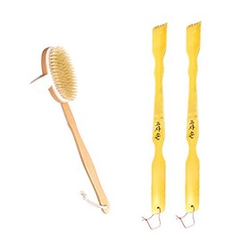 Bamboo Wooden Back Scratcher 2PCS Body Back Scrubber Bath Body Shower Long Brush 1PC (Shower Brush -Wooden)