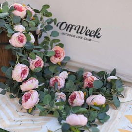 MISSPIN 2 piezas Guirnalda de flores artificiales Primavera Guirnalda de eucalipto Vintage Flor falsa Peonía Vid de rosa Vegetación Decorativa Colgante de pared Planta para Arco de Boda Arreglo de