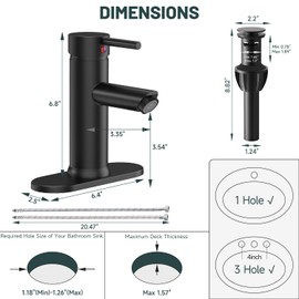 Greenspring Black Bathroom Faucet, Single Hole Bathroom Sink Faucet, Single Handle Sink Faucet Bathroom Lavatory Basin Vanity Sink Faucet with Pop Up Drain and Supply Line, Brass