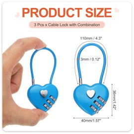 PATIKIL 3 Digit Cable Combination Lock, 3 Pcs Heart Shape Cable Lock with Combination 4.3" Steel Rope for Gym Bikes Cabinets Wardrobes Small Fences, Blue