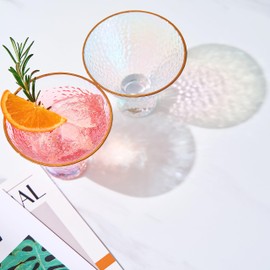 Iridescent Lustered Stemless Martini Glasses Set of 2 - Hammered Cocktail & Martini Glasses - Luxury Gift Box - Gold Rim 8oz Colorful Stemless Glassware - Weddings, Anniversary, Christmas, Barware