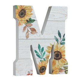 COLLECTIVE HOME - 10" Wood Lettes for Wall Decor, Sunflower Tabletop Alphabet Decoration, DIY Farmhouse Decor, Rustic Freestanding Monogram Block (M)