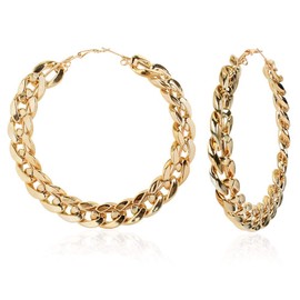Gold Tone Iced Out Rhinestone Punk Large Circle Round Chunky Cuban Chain Hoop Earrings Geometric Big Loop Earrings Hip Hop Exaggerated Statement Jewelry, alloy