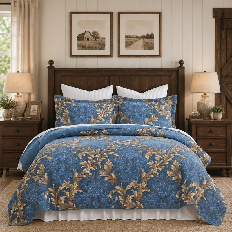Qiqiong 100% Cotton Elegant Floral King Quilt Set, Denim Blue
