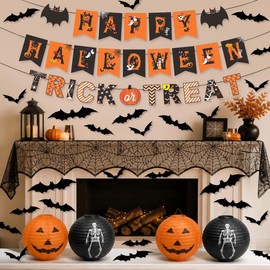 Halloween Decorations Indoor Party Bundle - Happy Halloween & Trick or Treat Bunting Banner, Giant Spider Webs, Black Bats, Pumpkin & Skeleton Paper Plates, Spooky House Decorations Kit for Home