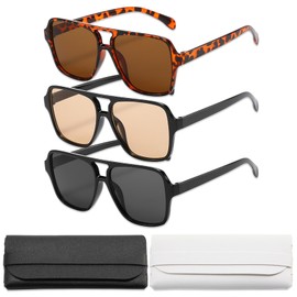 DAVBNM 3 Pack Retro Pilot Sunglasses for Men Women Vintage 70s Oversized Square Sunglasses Classic Style Double Bridge Glasses Sun Glasses Shades Protection Driving