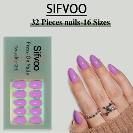 Sifvoo Press on Nails, Short Purple Press on Nails Almond Reusable Glossy Purple Nails Soft Gel False Nails Press ons for Women, 16 Sizes 32 Count Nails Kit with Glue (SV-13)