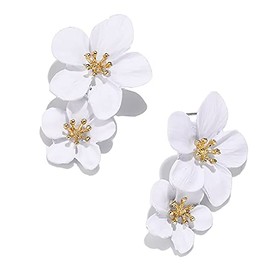 Bohemian Daisy Flower Matte Floral Petal Drop Dangle Earrings Layered Tiered for Women Chic Boho Wedding Jewelry-White