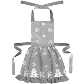 Ragged Rose Christmas Apron - Cotton Apron for Cooking & Dishwashing - Frilly Apron with Adjustable Neck Strap, Front Pocket & Ties - Vintage Apron for Women Retro Silver Grey Apron - 85 cm x 60 cm