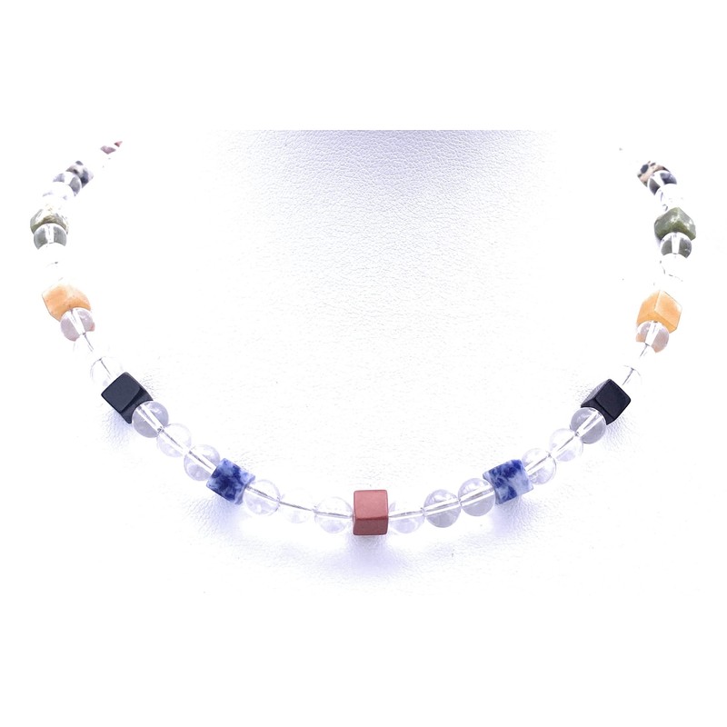 Rock Crystal Jewellery Necklace with Colourful Gemstone Cube Clasp 925